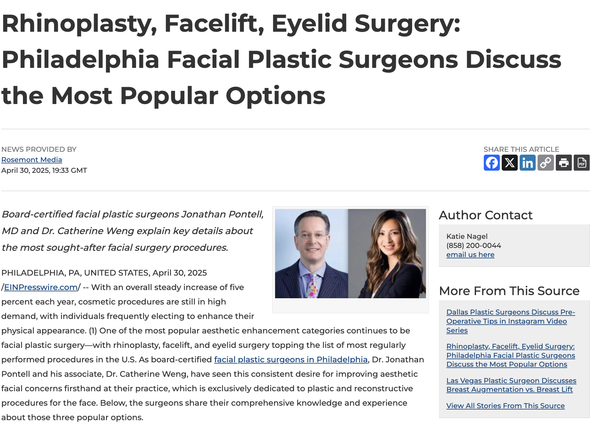 Dr. Jonathan Pontell and Dr. Catherine Weng share why rhinoplasty, facelift, and eyelid surgery are popular facial procedures.